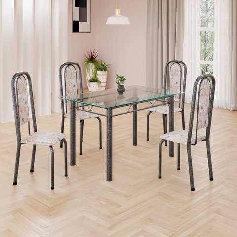 Conjunto de Mesa Retangular a 120x75cm Tampo de Vidro 4 Cadeiras Lavínea Prata/Botanic Bege/Mart