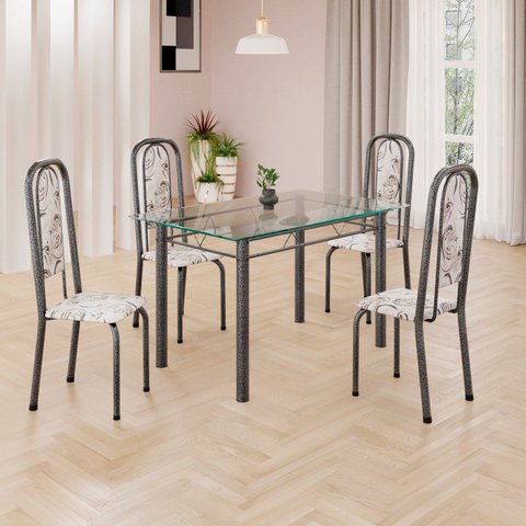 Conjunto de Mesa Retangular a 120x75cm Tampo de Vidro 4 Cadeiras Lavínea Prata/Arabesco/Mart