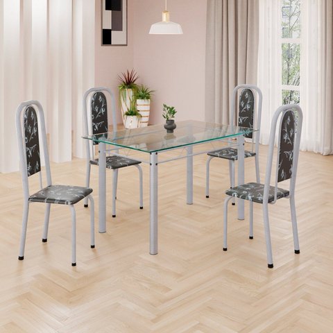 Conjunto de Mesa Retangular a 120x75cm Tampo de Vidro 4 Cadeiras Lavínea Branco/Preto Floral/Mart Pérola