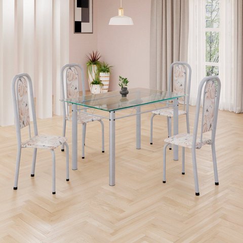 Conjunto de Mesa Retangular a 120x75cm Tampo de Vidro 4 Cadeiras Lavínea Branco/Botanic Bege/Mart Pérola