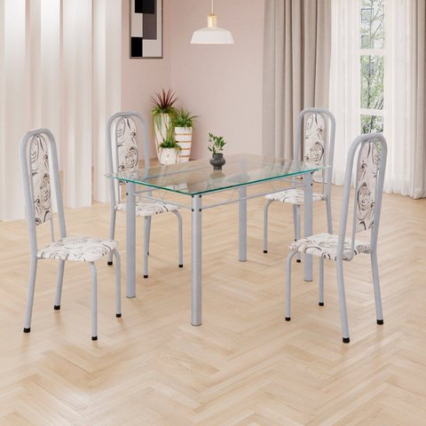 Conjunto de Mesa Retangular a 120x75cm Tampo de Vidro 4 Cadeiras Lavínea Branco/Arabesco/Mart Pérola