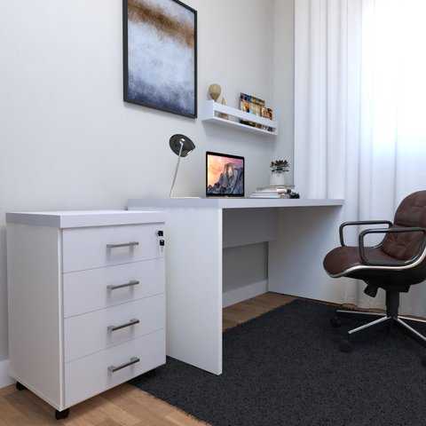 Escrivaninha Mesa Escritório com Gaveteiro e Prateleira 120cm Branco