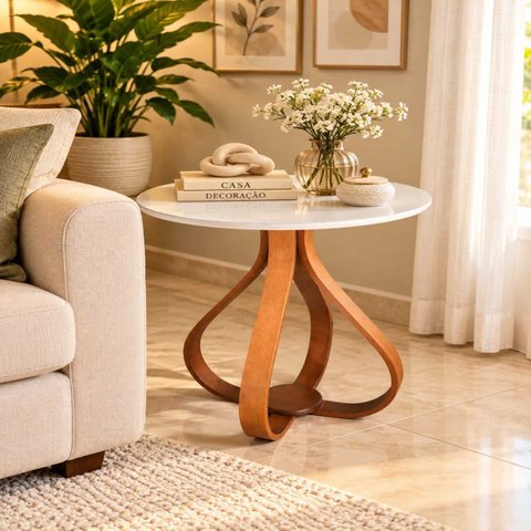 Mesa Lateral Bella 100% MDF 60x70cm (Pé Cebola) Vidro Branco