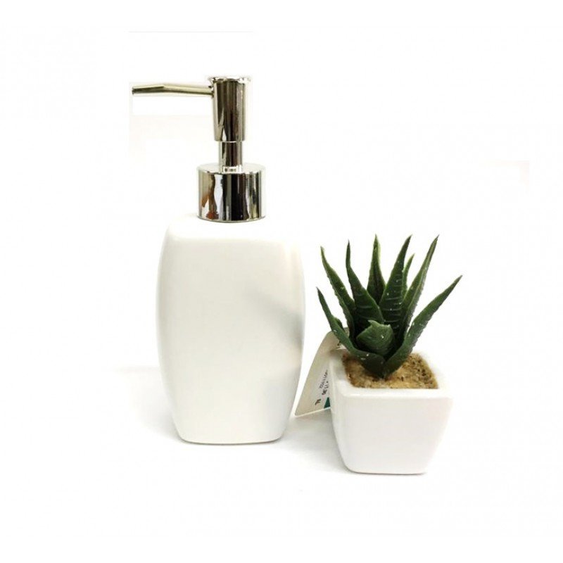 Kit Porta Sabonete Líquido Porcelana e Mini Vaso Cerâmica Suculentas Artificial Para Banheiro - 3