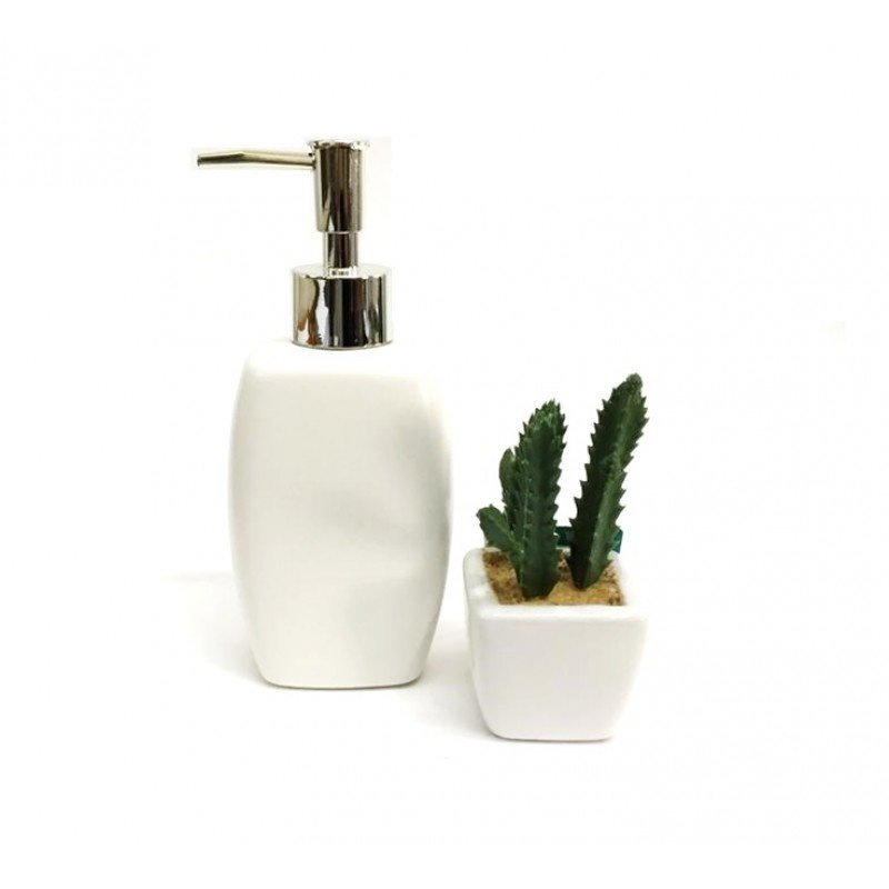 Kit Porta Sabonete Líquido Porcelana e Mini Vaso Cerâmica Suculentas Artificial Para Banheiro - 2
