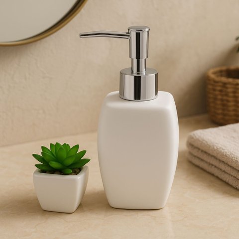 Kit Porta Sabonete Líquido Porcelana e Mini Vaso Cerâmica Suculentas Artificial para Banheiro