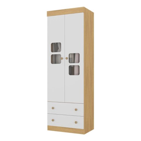 Guarda-roupa Infantil 62cm 2 Portas com Vidro e 2 Gavetas Brisa Multimóveis Mp4424 Madeirado/branco