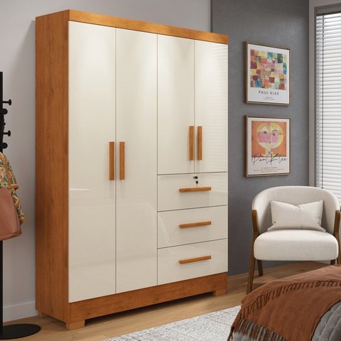 Guarda-Roupa 4 Portas 3 Gavetas Amanda Yescasa Marrom/Nature/Off White