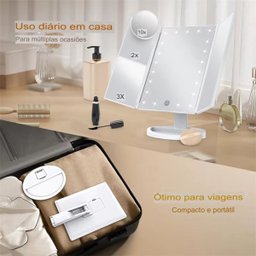 Espelho de Maquiagem Triplo com Led Dobrável – Luz Ajustável e Ampliação - 5