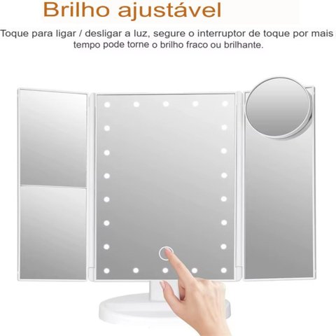 Espelho de Maquiagem Triplo com Led Dobrável – Luz Ajustável e Ampliação