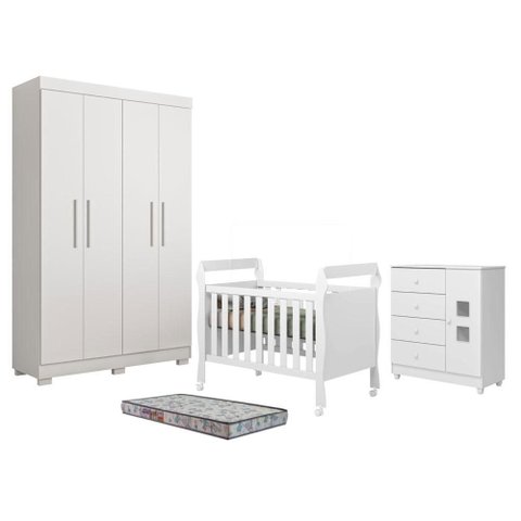 Guarda Roupa Florida com Cômoda Life Berço Americano Soninho Branco Acetinado Colchão Americano