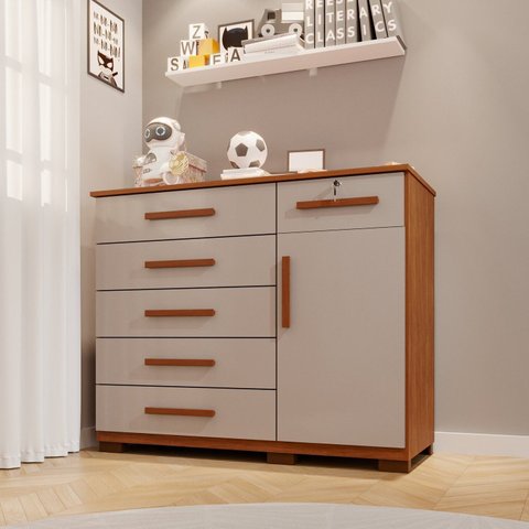 Cômoda Infantil 6 Gavetas 1 Porta Sofia Espresso Móveis Marrom/Cinamomo/Off White
