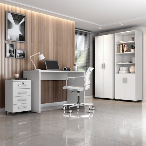Conjunto 4 Peças com Escrivaninha Gávea, Gaveteiro e 2 Armários Espresso Móveis Branco