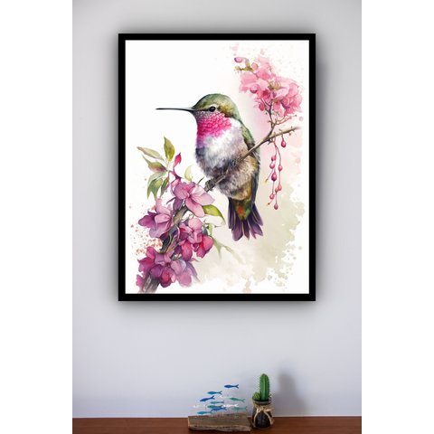 Quadro Decorativo Beija Flor Flores Rosa - 70x50cm:moldura Branca