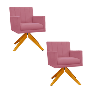 Conjunto 2 Poltronas Estofadas Base Giratória De Madeira Cecília Suede Rosa Barbie - LM DECOR