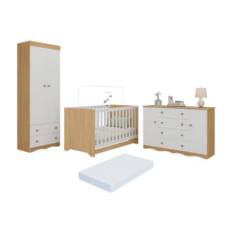 Quarto de Bebê Completo Berço Americano 3 em 1 Colchão Realeza Multimóveis Mp4611 Madeirado/