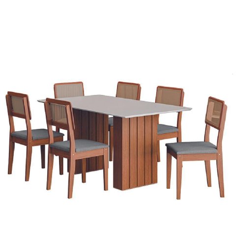 Conjunto de Mesa Sala de Jantar Ripada Tampo com Vidro 1,60m 6 Cadeiras Santiago Dobuê Madeirado /