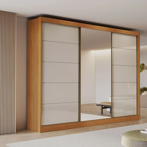 Guarda Roupa Casal com 1 Espelho Naturale Off  3 Portas de Correr em MDF Tokio Bianchi