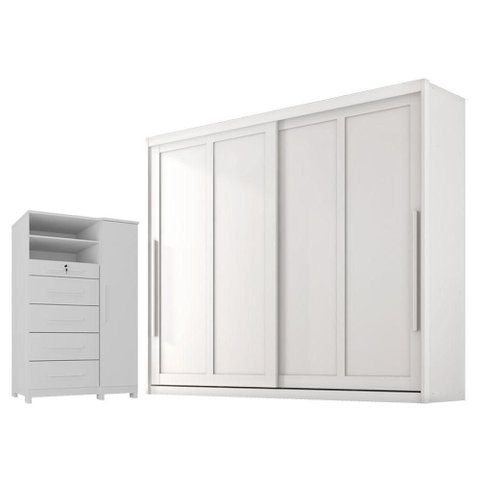 Guarda Roupa Casal Atraente 2 Potas com Cômoda Sapateira Imperial 5 Gavetas Branco Absoluto Semi
