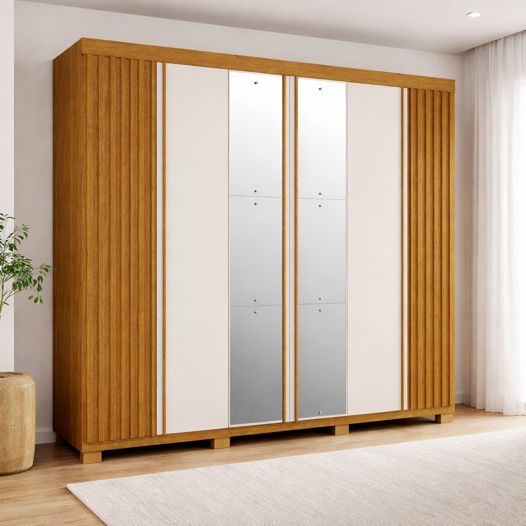 Guarda-roupa Casal Ripado 6 Portas com Espelho 6 Gavetas 100% MDF