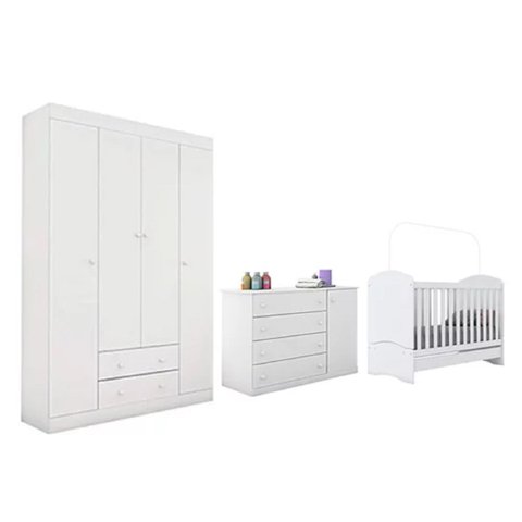 Jogo de Quarto MDF Branco Old Clean Roupeiro + Cômoda + Berço Mini Cama