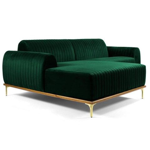 Sofá 230cm 4 Lugares com Chaise Esquerdo Pés Gold Molino C-303 Veludo Verde Musgo - Domi