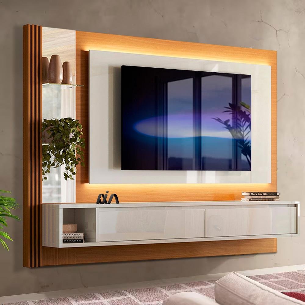 Painel Ripado Com Espelho E LED TV Até 65 Polegadas Marrom Off White ...
