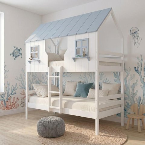 Beliche Casinha Encantada Madeira Maciça Branco/ Azul Housin