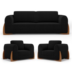 Kit 02 Poltronas e 01 Sofá Bloom 220cm 03 Lugares com Pés de Madeira Bouclê Preto - Desk Design