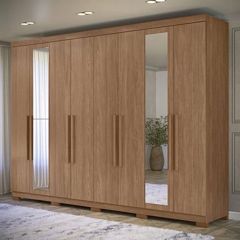 Guarda Roupa Casal 8 Portas 4 Gavetas Master New com Espelho e Pés e Cômoda Pinhais Jatobá Acetinado