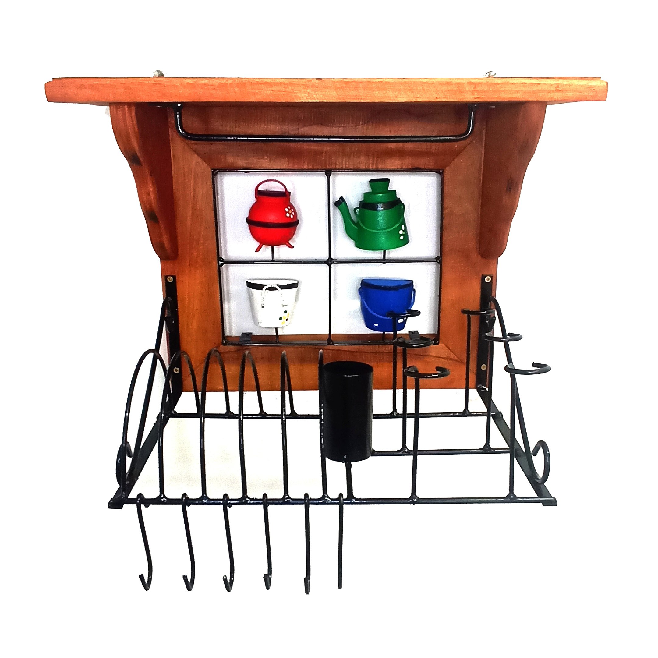 Escorredor de louças de ferro e madeira suporte para 5 pratos 6 copos 6 xicaras talheres e panos art