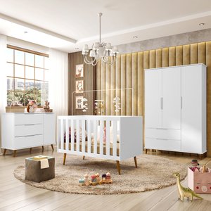Quarto de Bebê Completo Retrô Berço 3 em 1 Cômoda Guarda Roupa Melinda