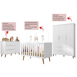 Quarto de Bebê Completo Retrô Berço 3 em 1 Cômoda Guarda Roupa Melinda - 2
