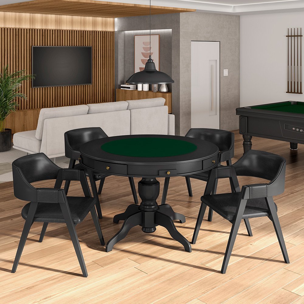 Conjunto Mesa de Jogos Carteado Bellagio Tampo Reversível e 4 Cadeiras Madeira Poker Base Estrela Pu