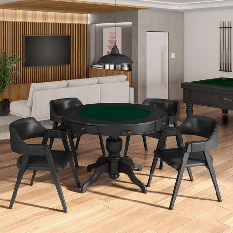 Conjunto Mesa de Jogos Carteado Bellagio Tampo Reversível e 4 Cadeiras Madeira Poker Base Estrela Pu