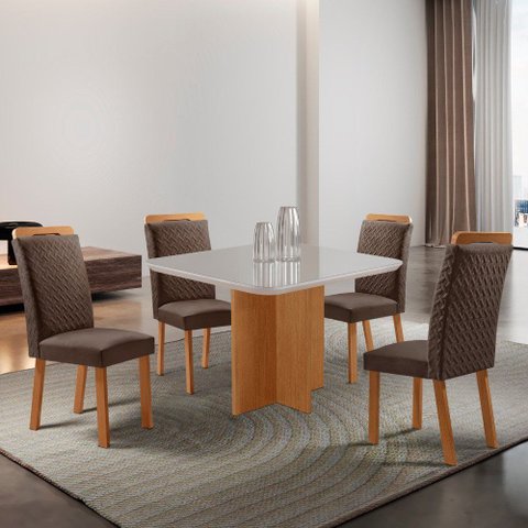 Mesa de Jantar Olímpia 90cm Tampo MDF Vidro Canto Copo com 4 Cadeiras Aline