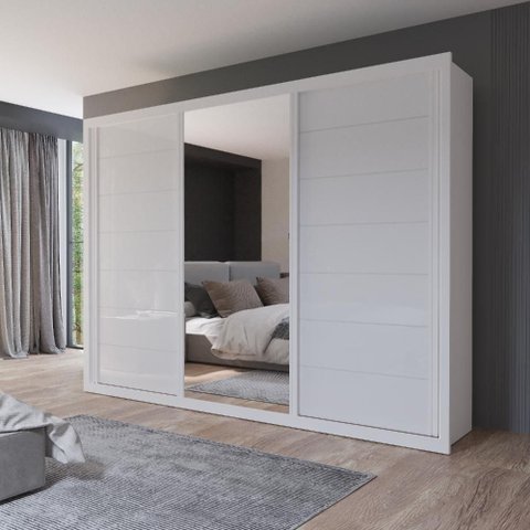 Guarda Roupa Casal Maia 3 Portas de Correr 6 Gavetas MDF com Espelho Branco Bom Pastor Móveis 245cm