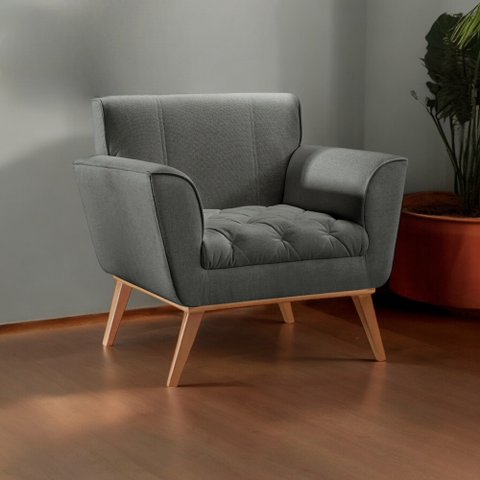 Poltrona Decorativa Cinza Madeira Maciça Lyz Luxo