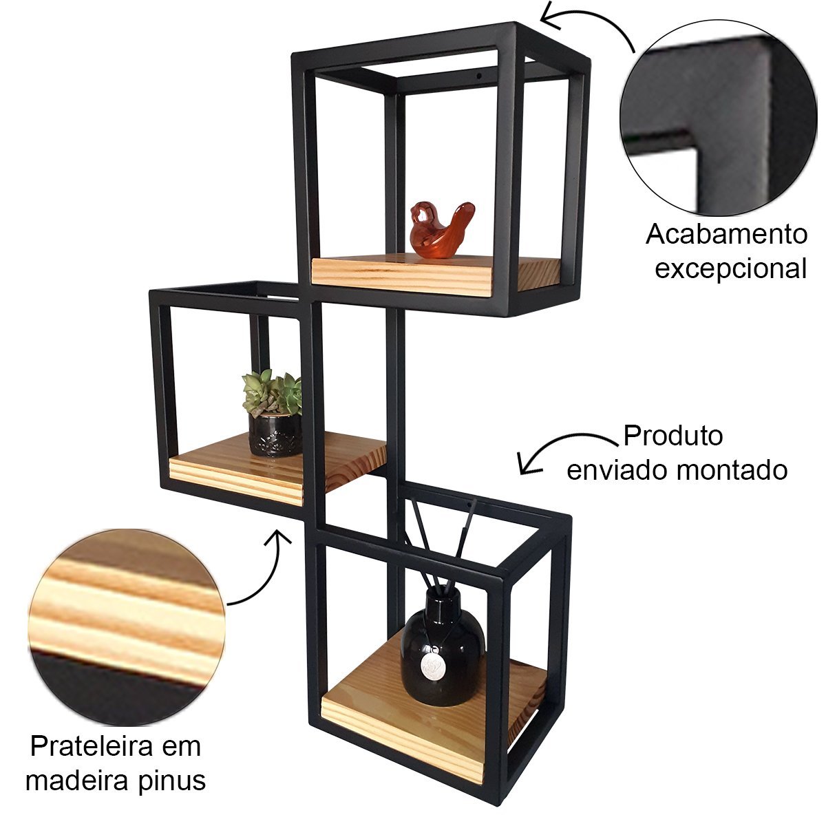 Floreira Parede Industrial Preta 3 Nichos Madeira Pinus - 2