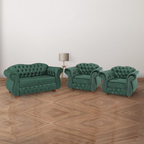 Conjunto 1 Namoradeira + 2 Poltronas Chesterfield Merlô Suede Verde Musgo / Decoração, barbearia, sa