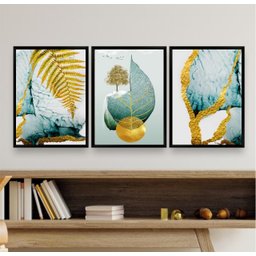 Kit 3 Quadros Folha Dourada Verde água 33x24cm:madeira Branca - 2