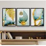Kit 3 Quadros Folha Dourada Verde água 33x24cm:madeira Branca - 2