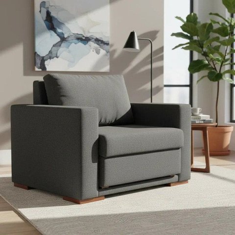 Poltrona Cama Extensível Linho Premium 110cm Pés em Madeira Maciça