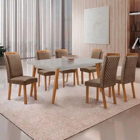 Mesa Copper 6 Lugares MDF Vidro Serigrafado Cadeiras Lorena Veludo Off White Moderna