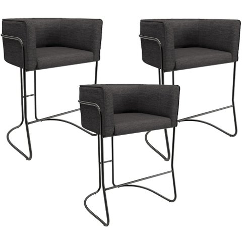 Kit 03 Banquetas Baixa Base de Aço Preto Betina D02 Linho Cinza Escuro C-416 - Lyam Decor