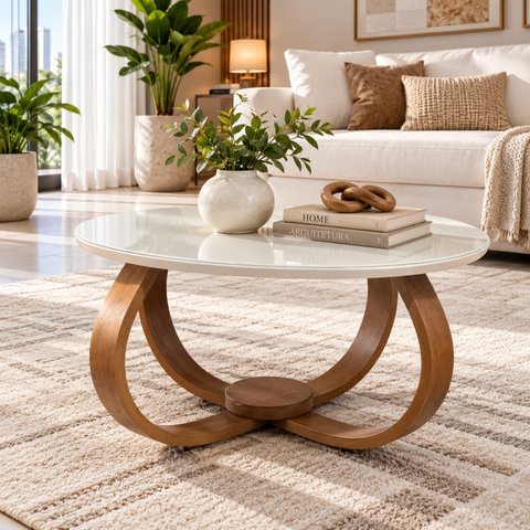 Mesa de Centro Bella 60x35 (Pé Cebola) Vidro Branco 100% MDF