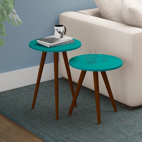 Kit 2 Mesas de Apoio Decorativa para Sala 47 Cm Pés Palito Madeira Mdp Turquesa - Clicklar