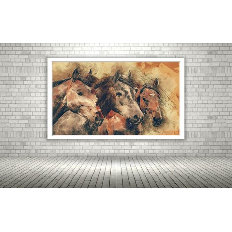 Quadro Decorativo Trio Cavalos Abstrato - 70x50cm:moldura Preta