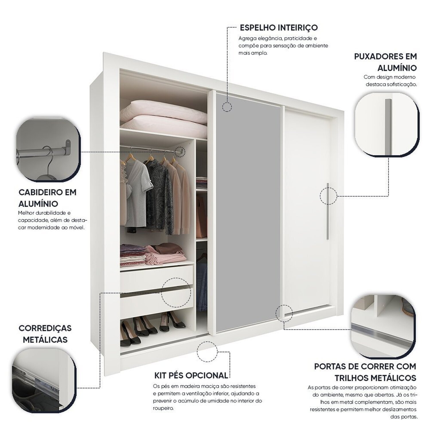 Guarda-roupa Casal 3 Portas 1 Porta Espelhada Milão Yescasa - 6