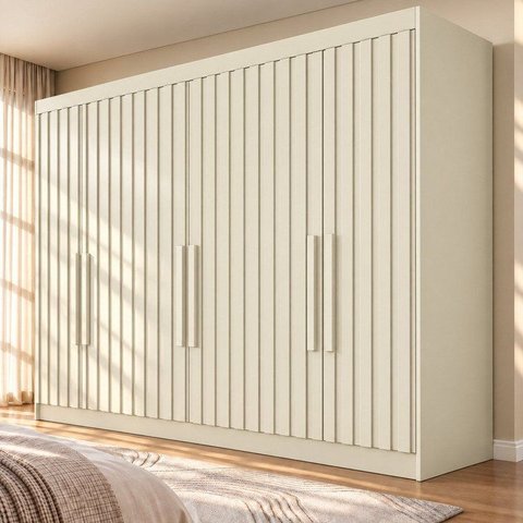 Guarda Roupa Casal 6 Portas Ripadas 6 Gavetas 100% MDF Potente Branco/Off White